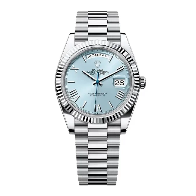 Rolex Day-Date 40mm White Gold Ice Blue Roman Dial Fluted Bezel President Bracelet 228239