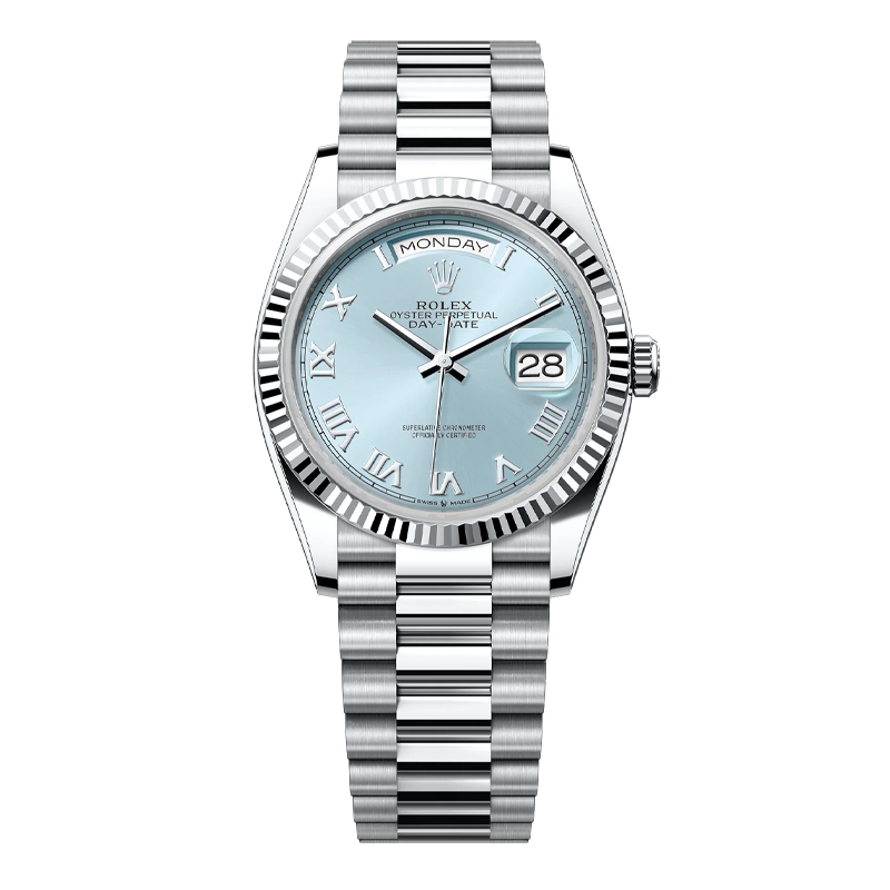 Rolex Day-Date 40mm White Gold Ice Blue Roman Dial Fluted Bezel President Bracelet 228239