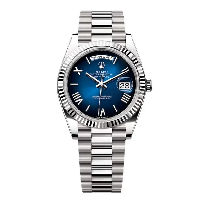 Rolex Day-Date 40mm White Gold Blue Roman Dial Fluted Bezel President Bracelet 228239