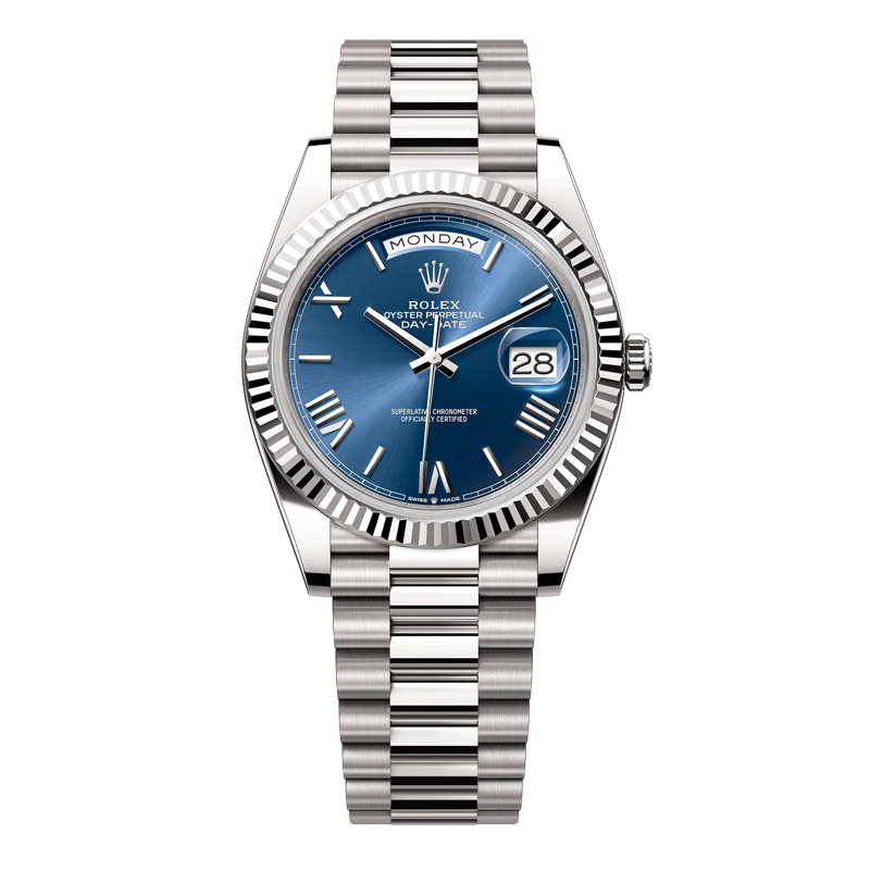 Rolex Day-Date 40mm White Gold Blue Roman Dial Fluted Bezel President Bracelet 228239