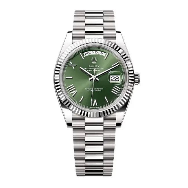 Rolex Day-Date 40mm Platinum Olive Green Roman Dial Fluted Bezel President Bracelet 228236