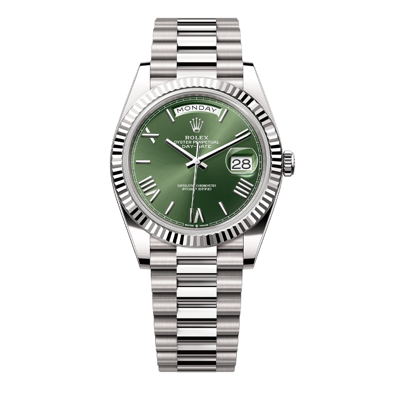 Rolex Day-Date 40mm Platinum Olive Green Roman Dial Fluted Bezel President Bracelet 228236