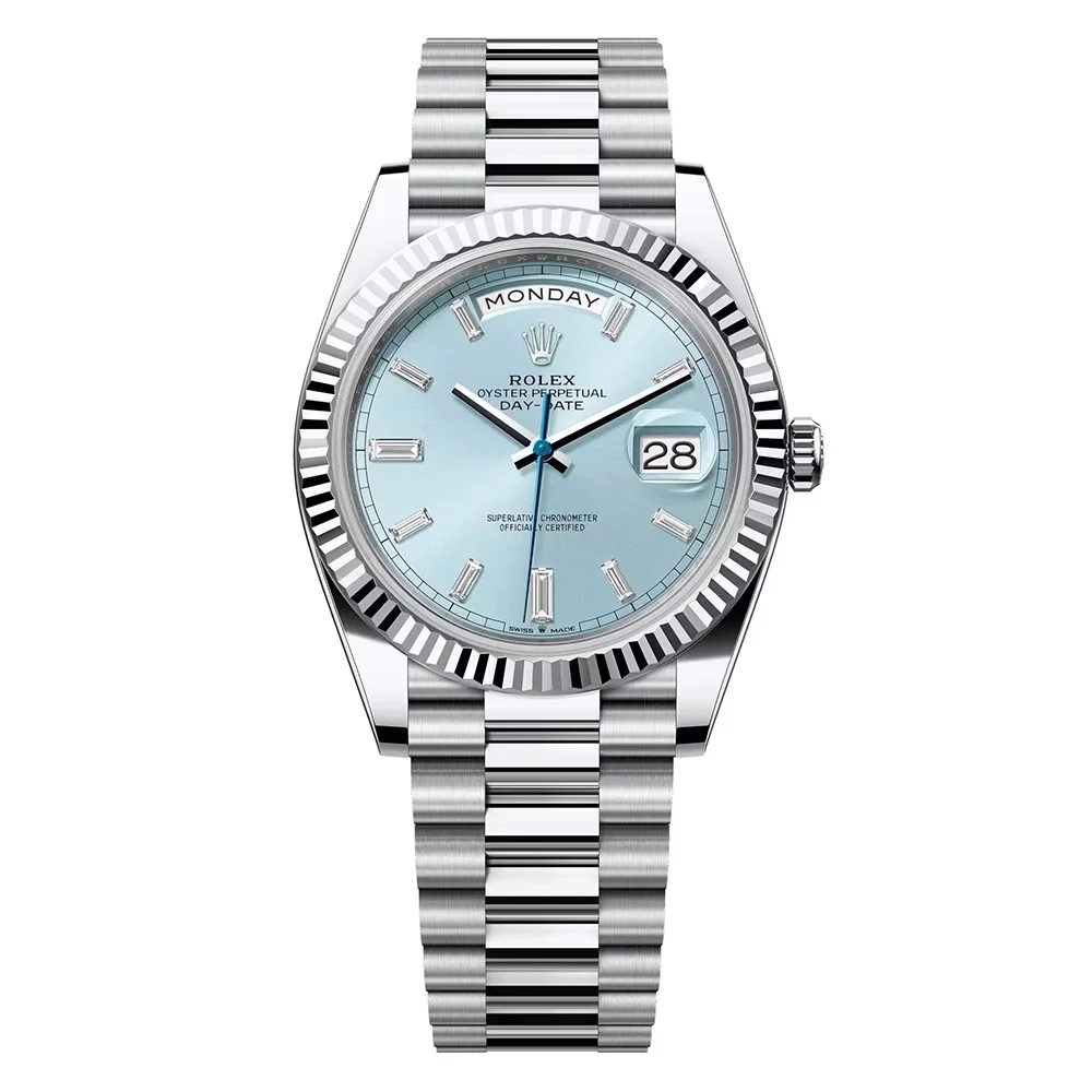 Rolex Day-Date 40mm White Gold Ice Blue Diamond Baguette Dial Fluted Bezel President Bracelet 228239