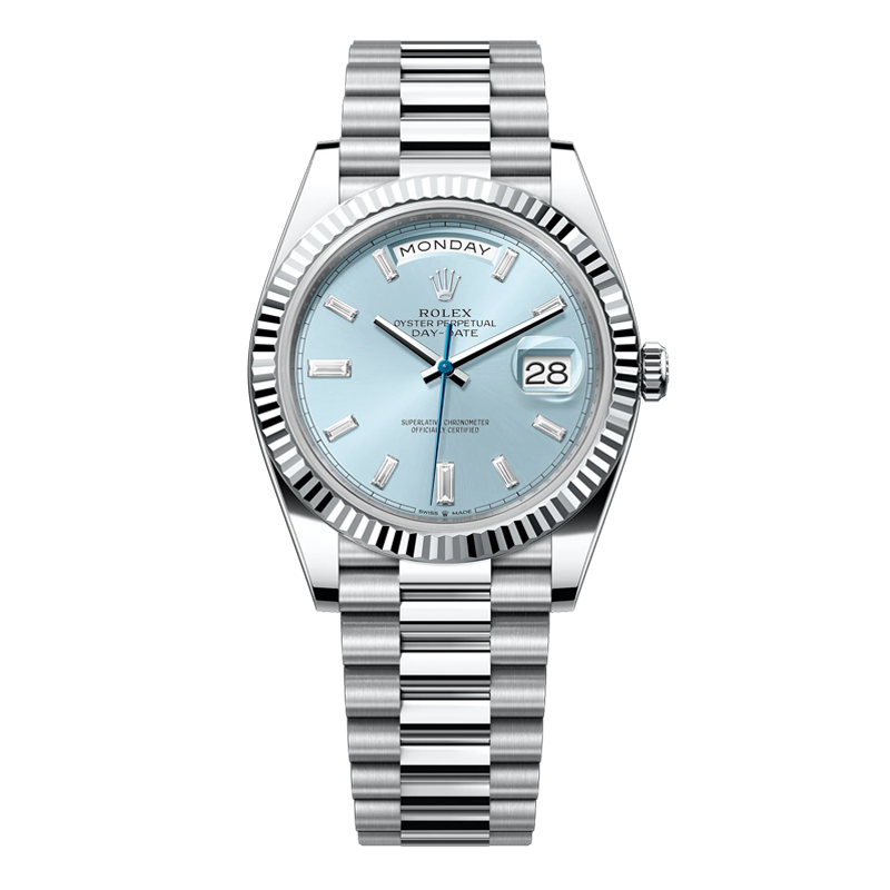 Rolex Day-Date 40mm White Gold Ice Blue Diamond Baguette Dial Fluted Bezel President Bracelet 228239