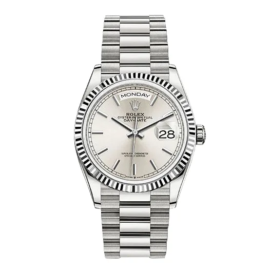 Rolex Day-Date 40mm White Gold Silver Index Dial Fluted Bezel President Bracelet 228239