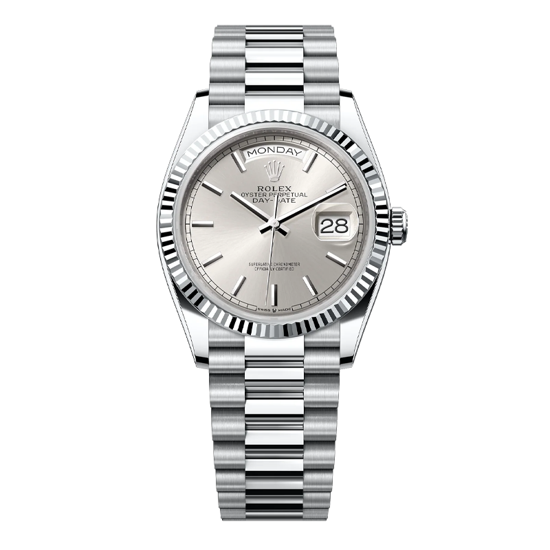Rolex Day-Date 40mm White Gold Silver Index Dial Fluted Bezel President Bracelet 228239