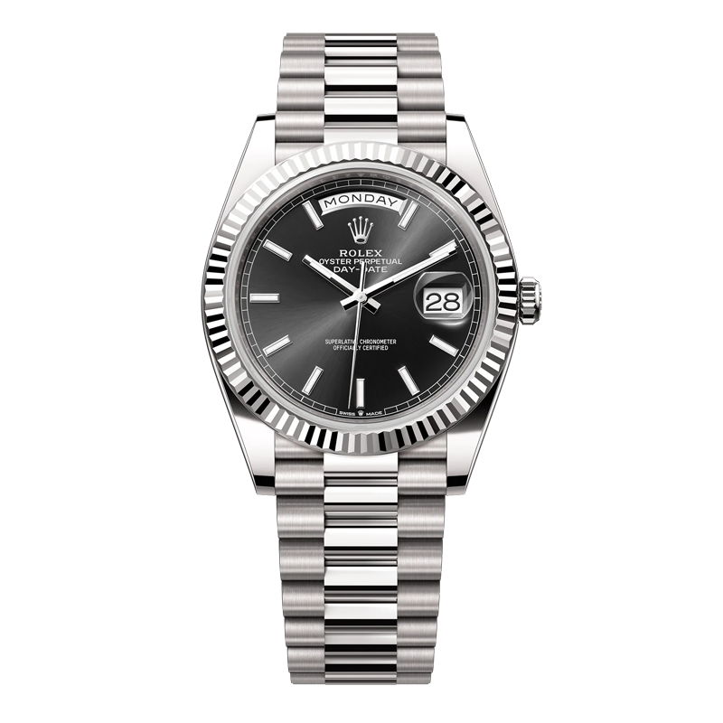 Rolex Day-Date 40mm White Gold Black Index Dial Fluted Bezel President Bracelet 228239