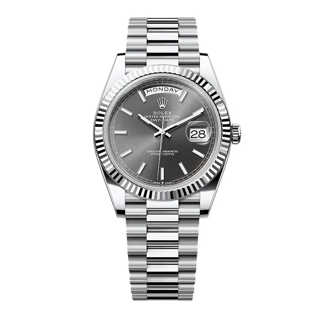 Rolex Day-Date 40mm White Gold Slate Grey Index Dial Fluted Bezel President Bracelet 228239
