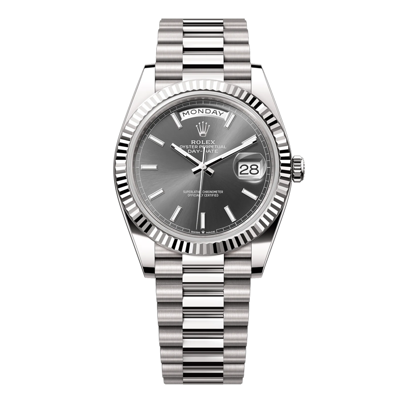 Rolex Day-Date 40mm White Gold Slate Grey Index Dial Fluted Bezel President Bracelet 228239