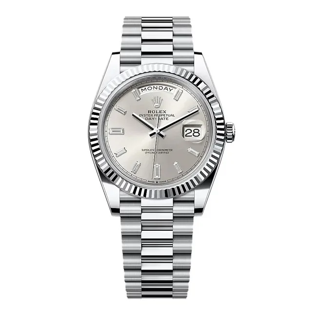 Rolex Day-Date 40mm White Gold Silver Diamond Baguette Dial Fluted Bezel President Bracelet 228239