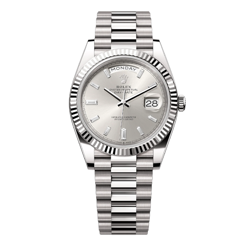 Rolex Day-Date 40mm White Gold Silver Diamond Baguette Dial Fluted Bezel President Bracelet 228239