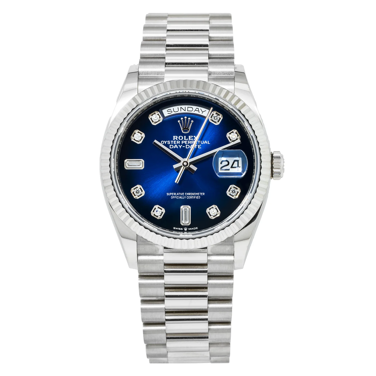 Rolex Day-Date 40mm White Gold Blue Diamond Dial Fluted Bezel President Bracelet 228239