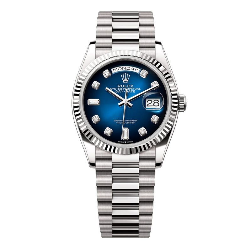 Rolex Day-Date 40mm White Gold Blue Diamond Dial Fluted Bezel President Bracelet 228239