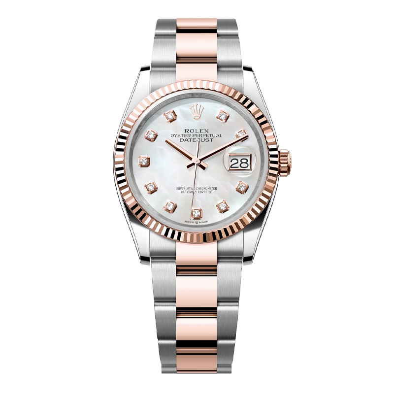 Rolex Datejust 41mm Two-Tone Everose Gold & Oystersteel White Mother of Pearl Diamond Dial Fluted Bezel Jubilee Bracelet 126331
