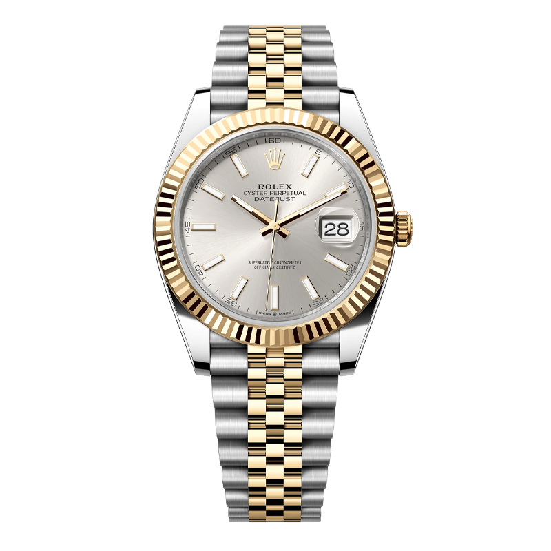 Rolex Datejust 41mm Two-Tone Yellow Gold & Oystersteel Silver Index Dial Fluted Bezel Jubilee Bracelet 126333