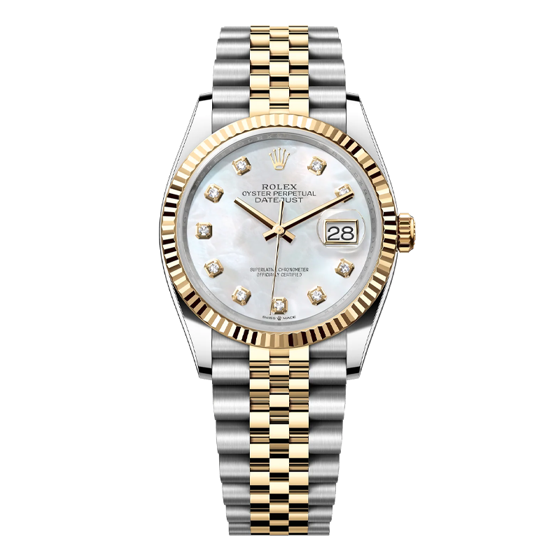 Rolex Datejust 41mm Two-Tone Everose Gold & Oystersteel White Mother of Pearl Diamond Dial Fluted Bezel Jubilee Bracelet 126333