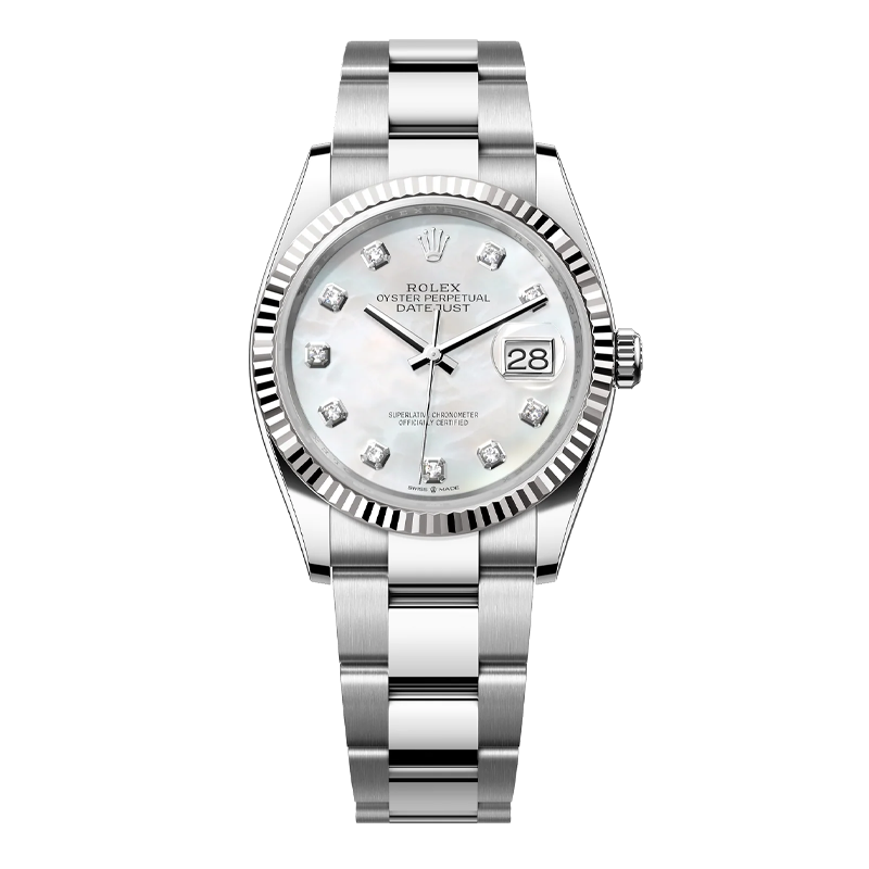 Rolex Datejust 41mm White Gold & Oystersteel White Mother of Pearl Diamond Dial Fluted Bezel Oyster Bracelet 126334
