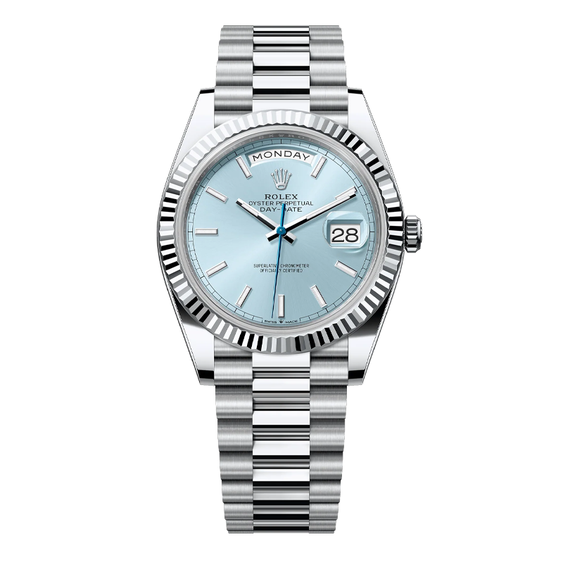 Rolex Day-Date 40mm White Gold Ice Blue Index Dial Fluted Bezel President Bracelet 228239