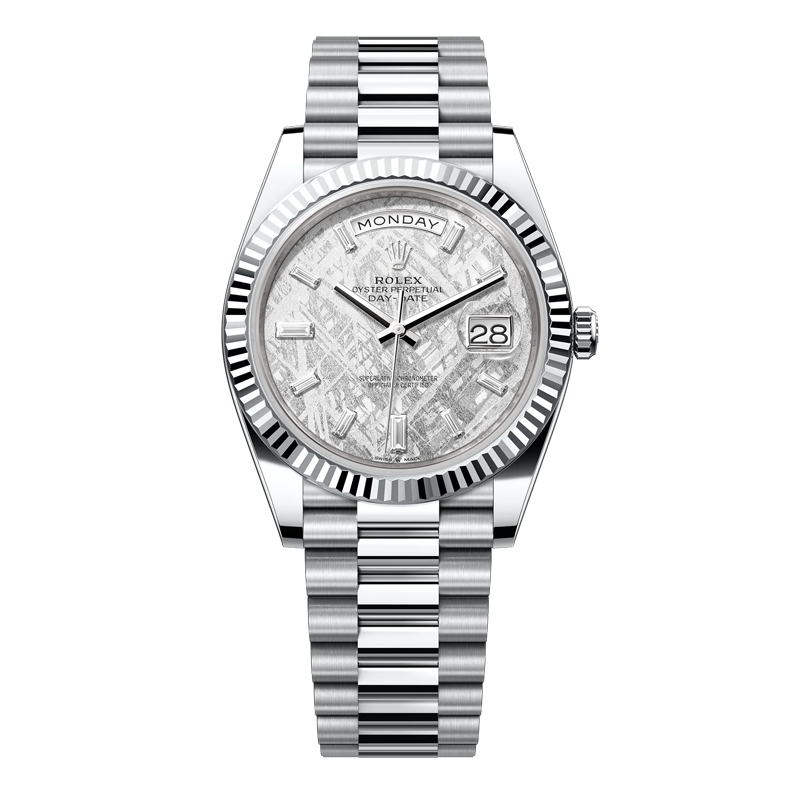 Rolex Day-Date 40mm White Gold Mother Of Pearl Diamond Baguette Dial Fluted Bezel President Bracelet 228239