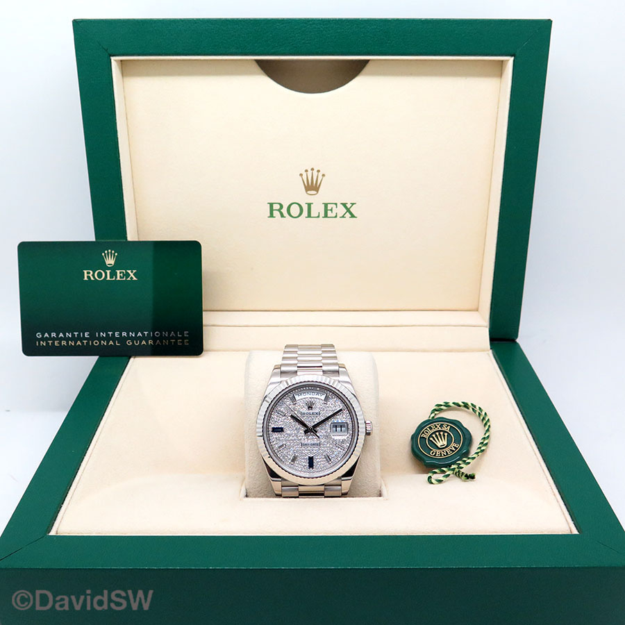 Rolex Day-Date 40mm White Gold Bright Black Diamond Baguette Dial Fluted Bezel President Bracelet 228239 — view 2