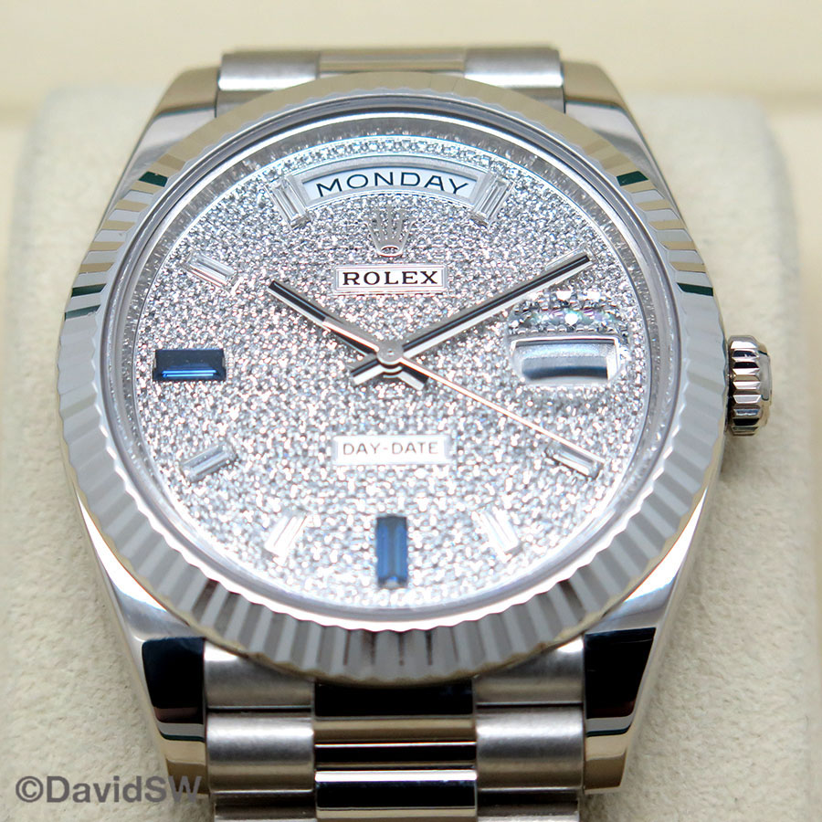 Rolex Day-Date 40mm White Gold Bright Black Diamond Baguette Dial Fluted Bezel President Bracelet 228239 — view 3