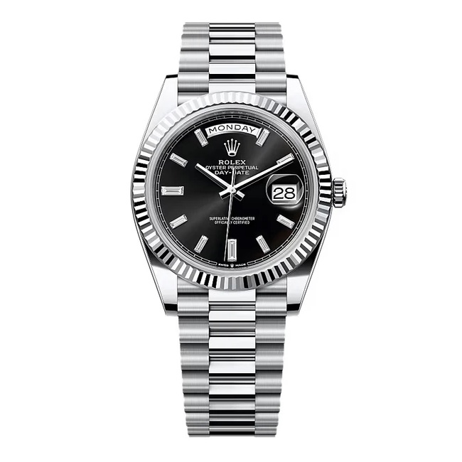Rolex Day-Date 40mm White Gold Bright Black Diamond Baguette Dial Fluted Bezel President Bracelet 228239