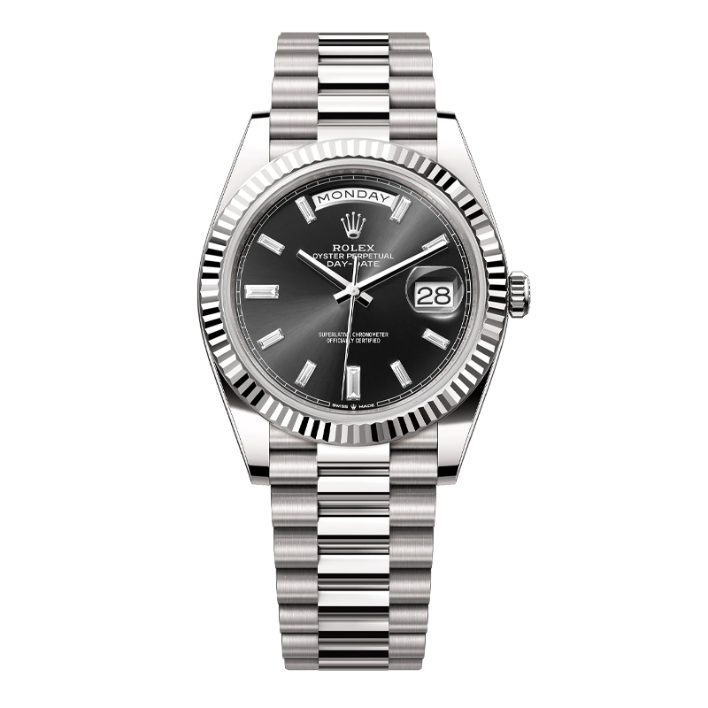 Rolex Day-Date 40mm White Gold Bright Black Diamond Baguette Dial Fluted Bezel President Bracelet 228239