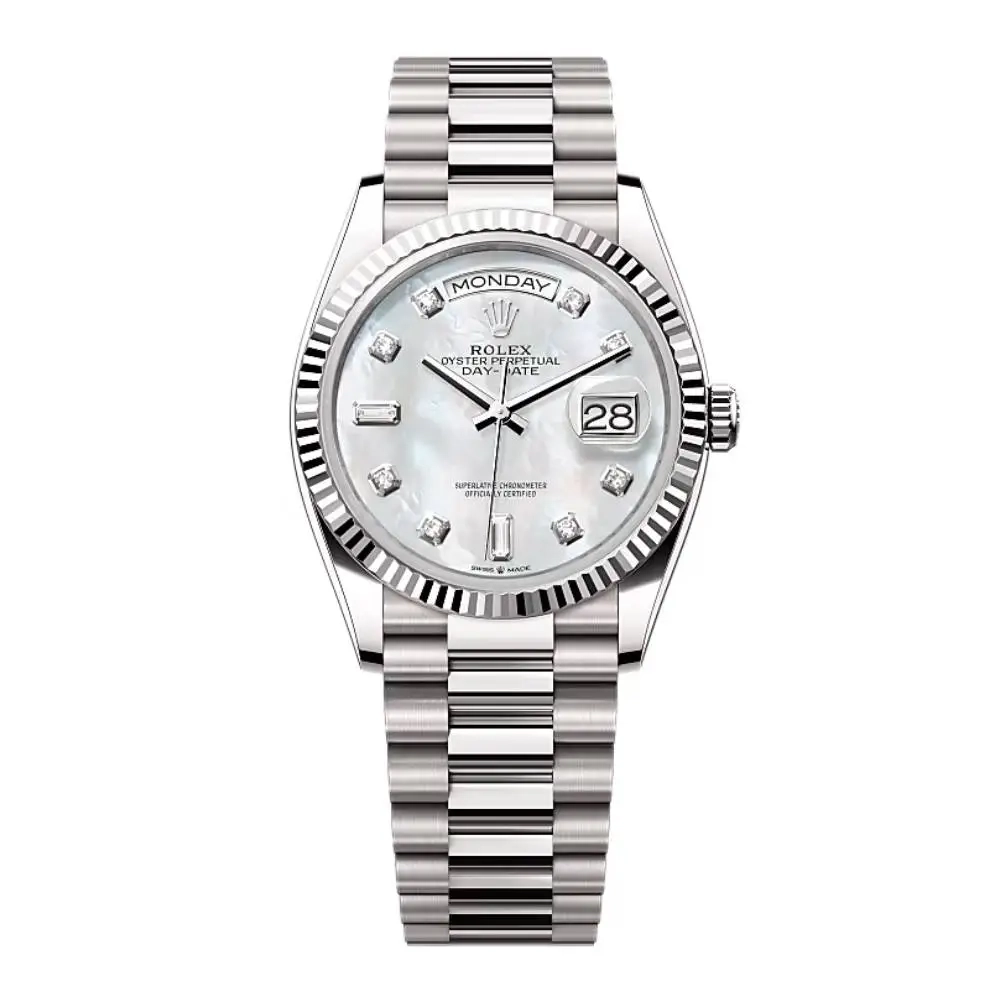 Rolex Day-Date 36mm White Gold White Mother of Pearl Diamond Dial Fluted Bezel President Bracelet 128239