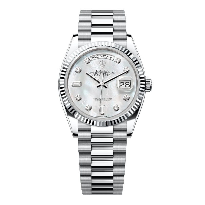 Rolex Day-Date 36mm White Gold White Mother of Pearl Diamond Dial Fluted Bezel President Bracelet 128239