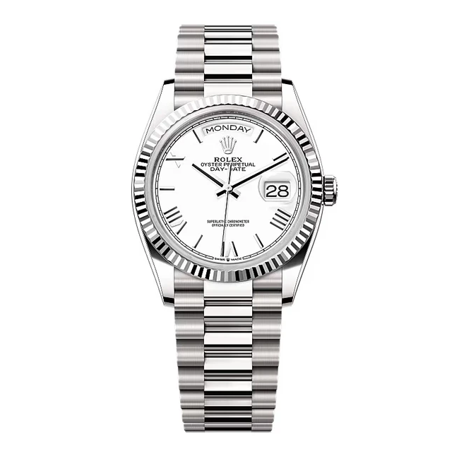 Rolex Day-Date 36mm White Gold White Roman Dial Fluted Bezel President Bracelet 128239