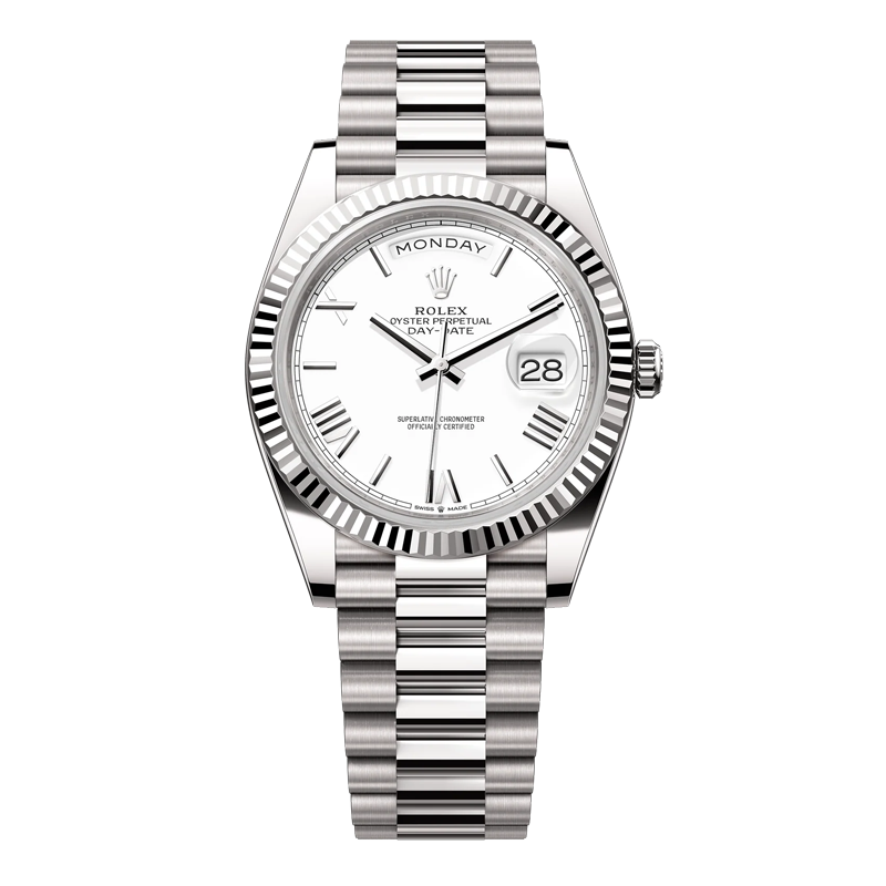 Rolex Day-Date 36mm White Gold White Roman Dial Fluted Bezel President Bracelet 128239