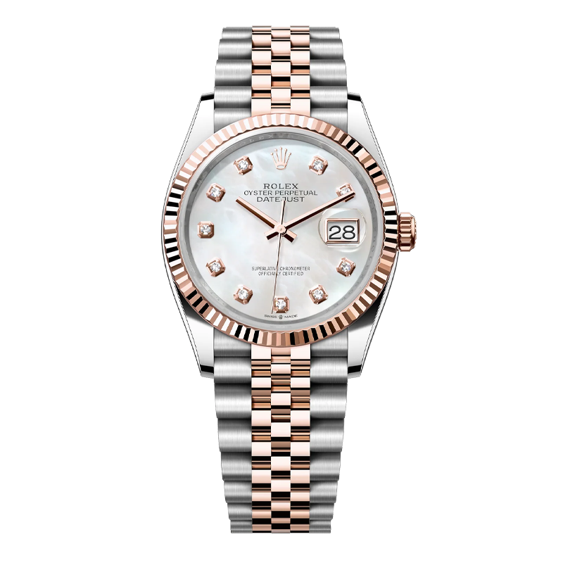 Rolex Datejust 41mm Two-Tone Everose Gold & Oystersteel White Mother of Pearl Diamond Dial Fluted Bezel Jubilee Bracelet 126331