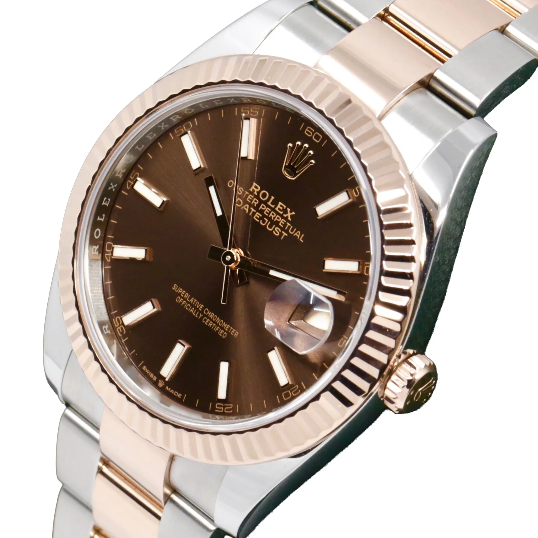 Rolex Datejust 41mm Two-Tone Everose Gold & Oystersteel Chocolate Brown Index Dial Fluted Bezel Oyster Bracelet 126331 — view 3