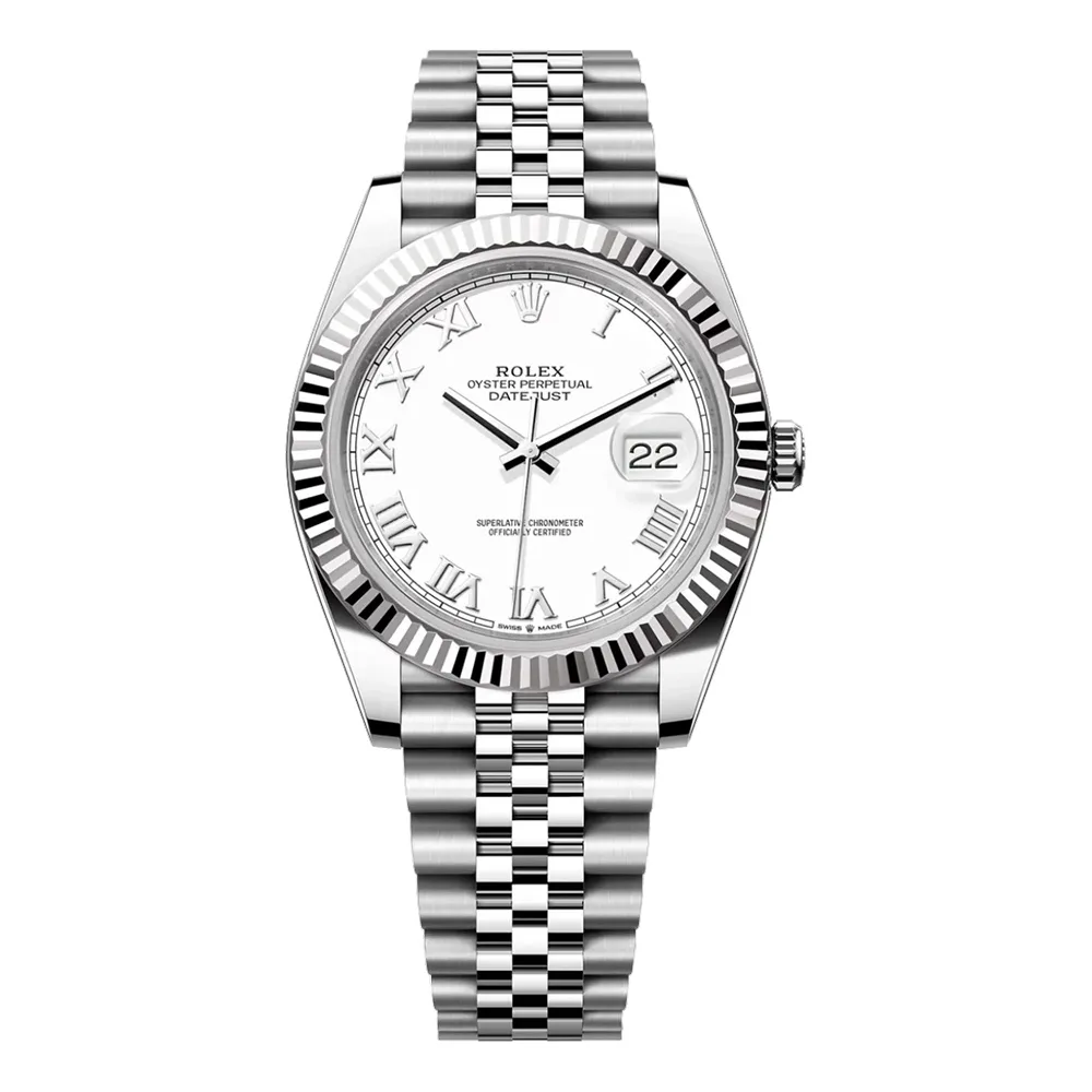 Rolex Datejust 41mm White Gold & Oystersteel White Roman Dial Fluted Bezel Jubilee Bracelet 126334