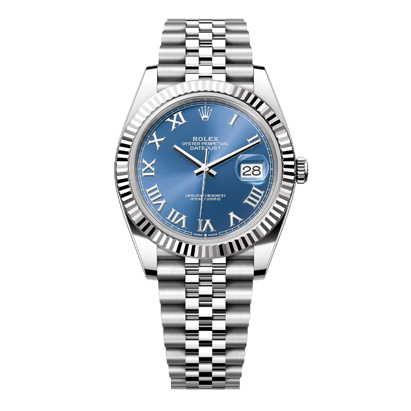 Rolex Datejust 41mm White Gold & Oystersteel Blue Roman Dial Fluted Bezel Jubilee Bracelet 126334