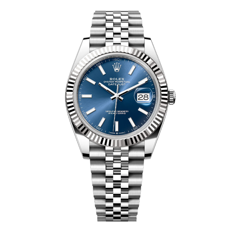 Rolex Datejust 41mm White Gold & Oystersteel Blue Index Dial Fluted Bezel Jubilee Bracelet 126334