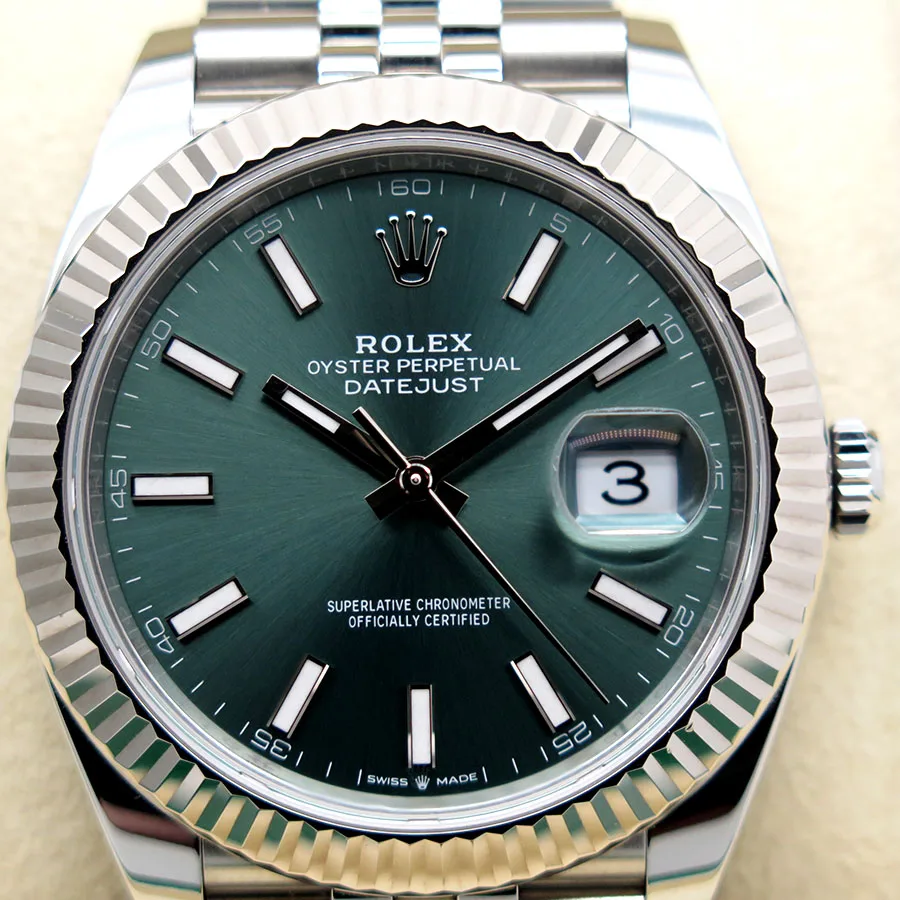 Rolex Datejust 41mm White Gold & Oystersteel Mint Green Index Dial Fluted Bezel Jubilee Bracelet 126334 — view 2