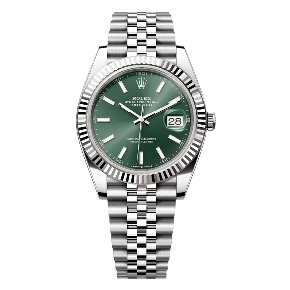 Rolex Datejust 41mm White Gold & Oystersteel Mint Green Index Dial Fluted Bezel Jubilee Bracelet 126334