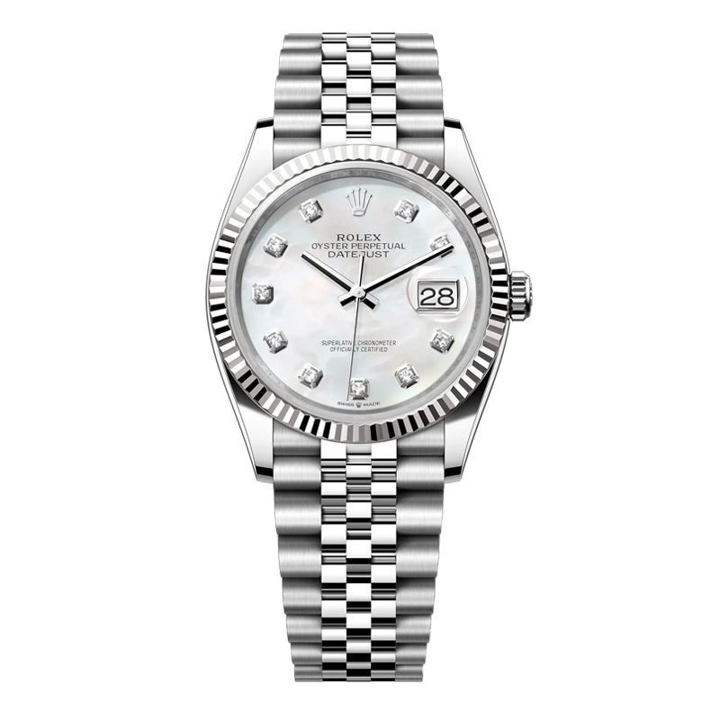 Rolex Datejust 41mm White Gold & Oystersteel White Mother of Pearl Diamond Dial Fluted Bezel Jubilee Bracelet 126334