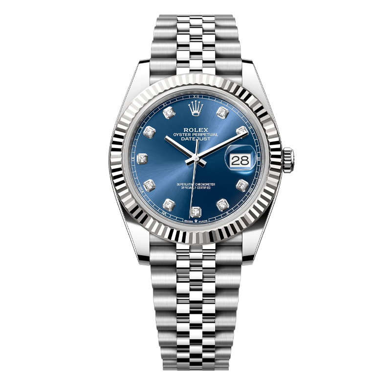 Rolex Datejust 41mm White Gold & Oystersteel Blue Diamond Dial Fluted Bezel Jubilee Bracelet 126334