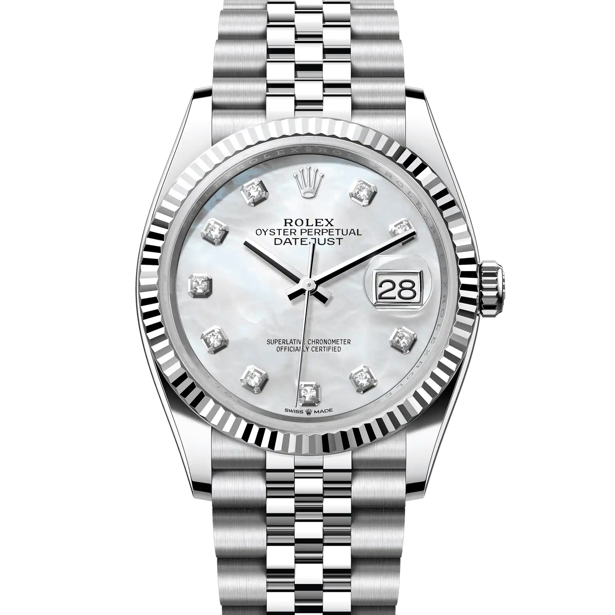 Rolex Datejust 126234, — White Mother of Pearl Dial, Jubilee, Oystersteel and White Gold