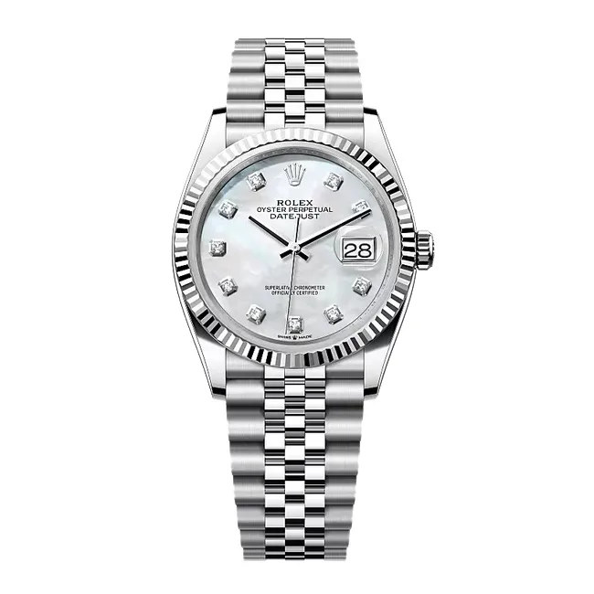 Rolex Datejust 36mm White Gold & Oystersteel White Mother of Pearl Diamond Dial Fluted Bezel Jubilee Bracelet 126234