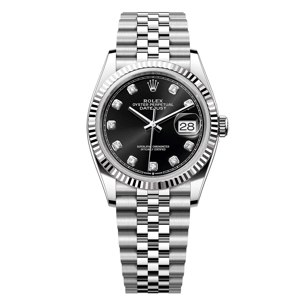 Rolex Datejust 36mm White Gold & Oystersteel Black Diamond Dial Fluted Bezel Jubilee Bracelet 126234