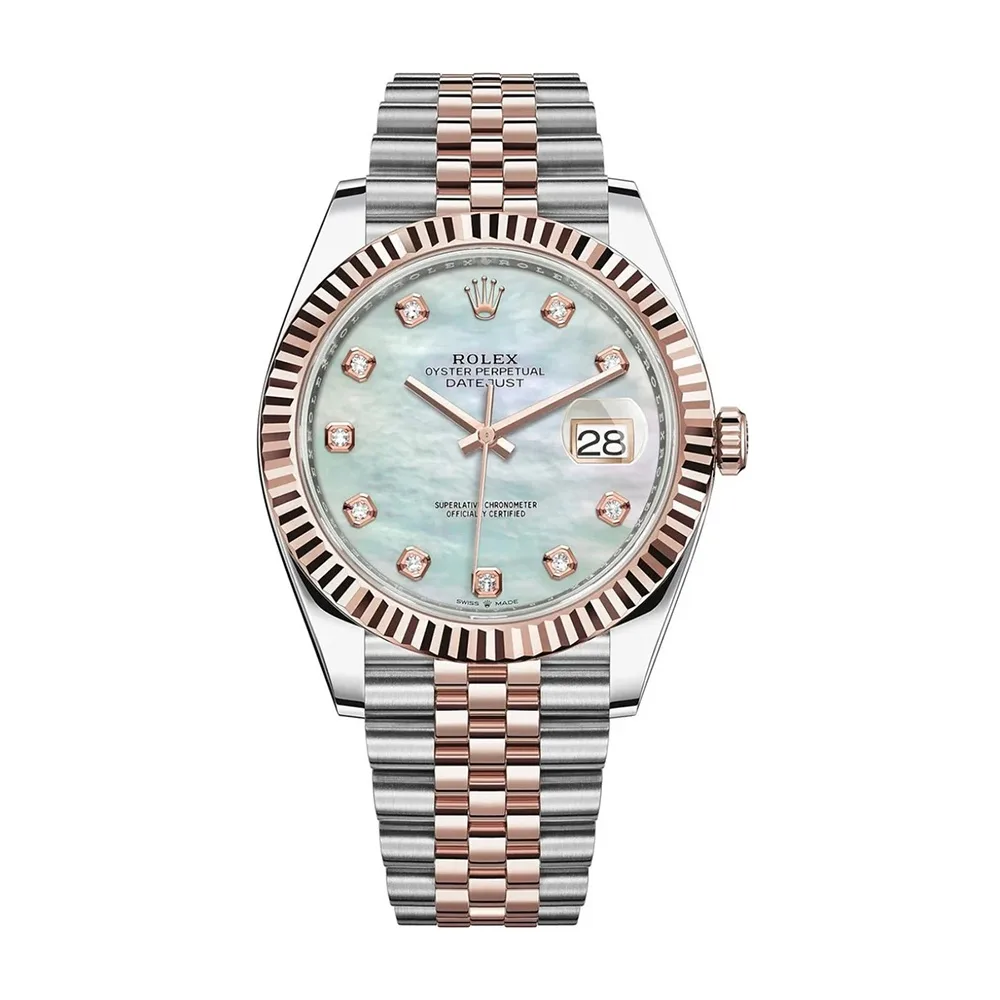 Rolex Datejust 36mm Two-Tone Everose Gold & Oystersteel White Mother of Pearl Diamond Dial Fluted Bezel Jubilee Bracelet 126231