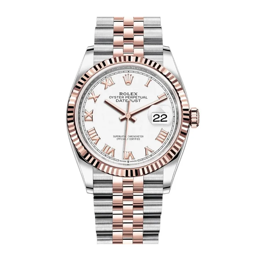 Rolex Datejust 36mm Two-Tone Everose Gold & Oystersteel White Roman Dial Fluted Bezel Jubilee Bracelet 126231