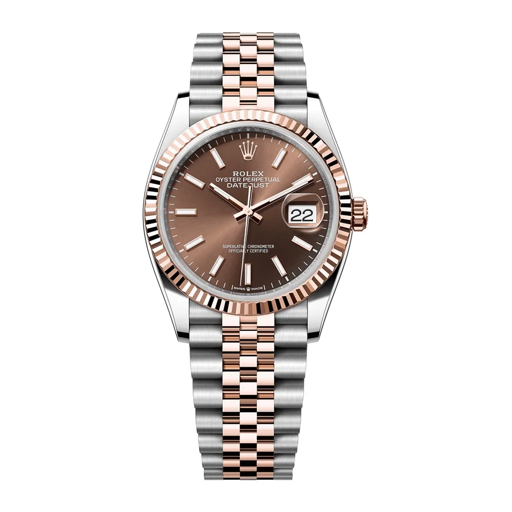 Rolex Datejust 36mm Two-Tone Everose Gold & Oystersteel Chocolate Brown Index Dial Fluted Bezel Jubilee Bracelet 126231