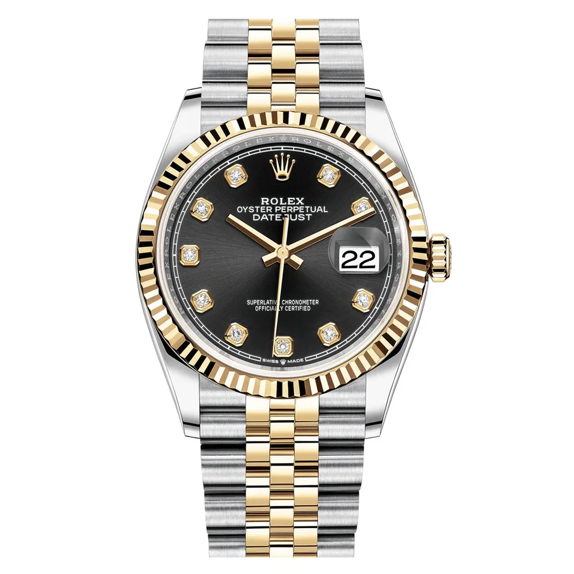 Rolex Datejust 36mm Two-Tone Yellow Gold & Oystersteel Black Diamond Dial Fluted Bezel Jubilee Bracelet 126233