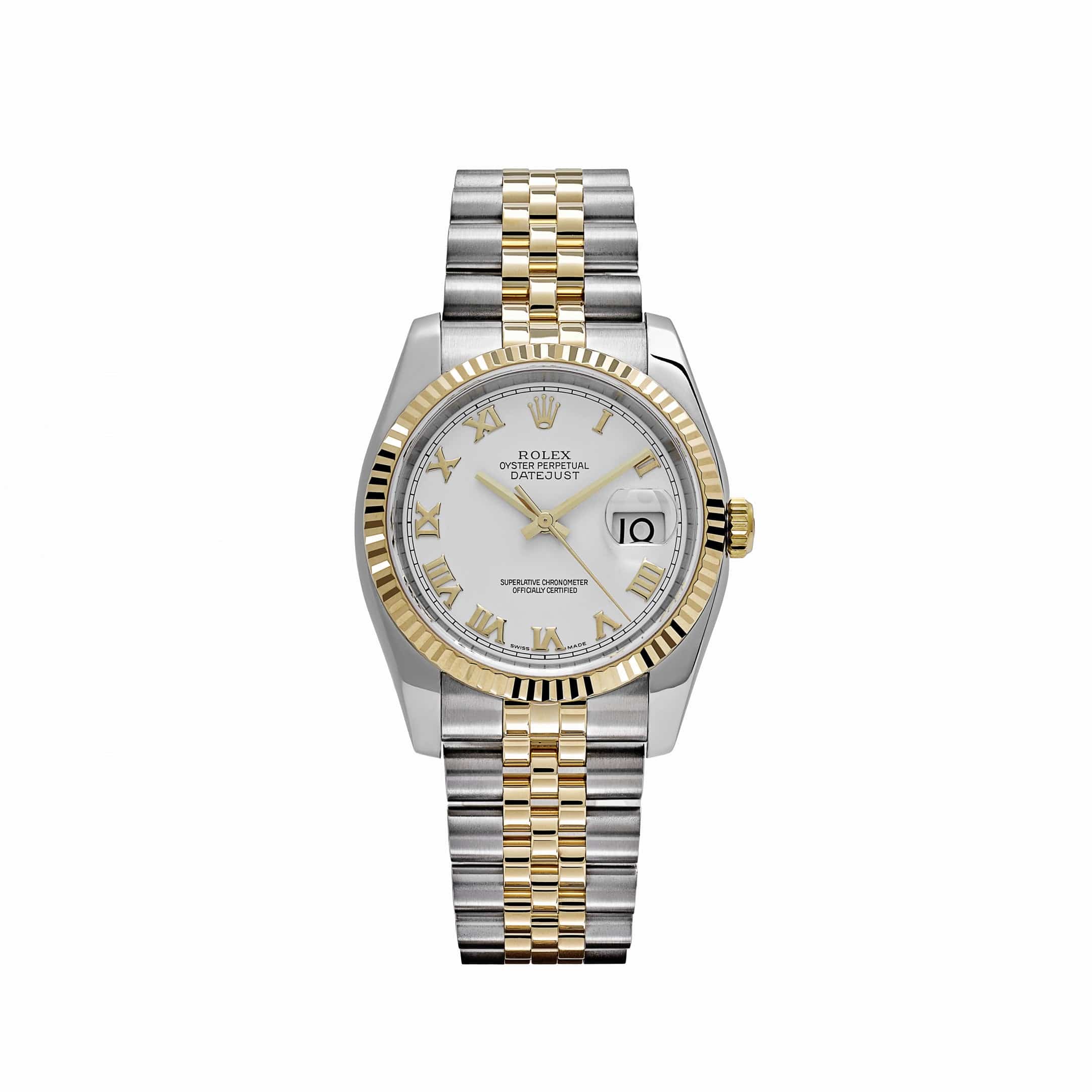 Rolex Datejust 36mm Two-Tone Yellow Gold & Oystersteel White Roman Dial Fluted Bezel Jubilee Bracelet 126233