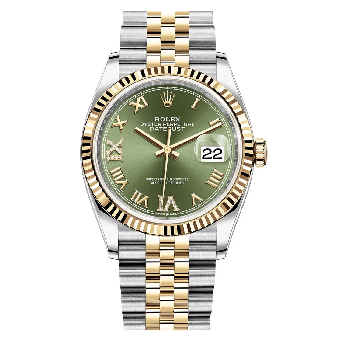 Rolex Datejust 36mm Two-Tone Yellow Gold & Oystersteel Olive Green Roman Diamond Dial Fluted Bezel Jubilee Bracelet 126233