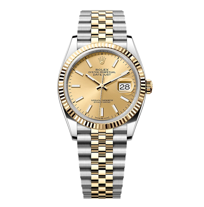 Rolex Datejust 36mm Two-Tone Yellow Gold & Oystersteel Champagne Index Dial Fluted Bezel Jubilee Bracelet 126233